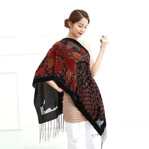 Vintage Velvet Burnout Scarf Black sheer fringed with Velvet Peacock & Floral